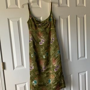 Asian print fitted Cami dress size 2 heavy silk brocade olive color